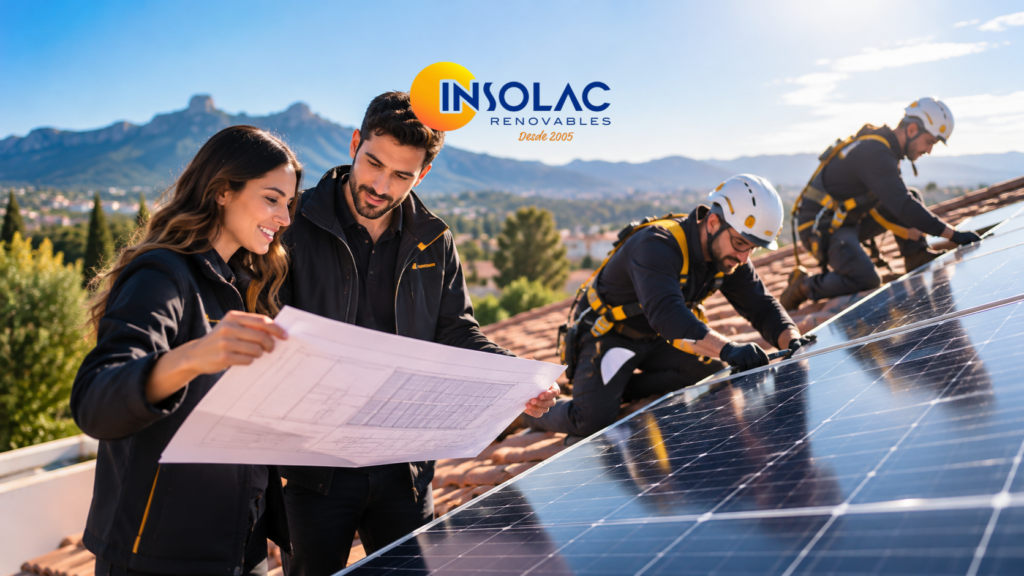 Profesionales de una instalación de placas solares de Insolac Renovables